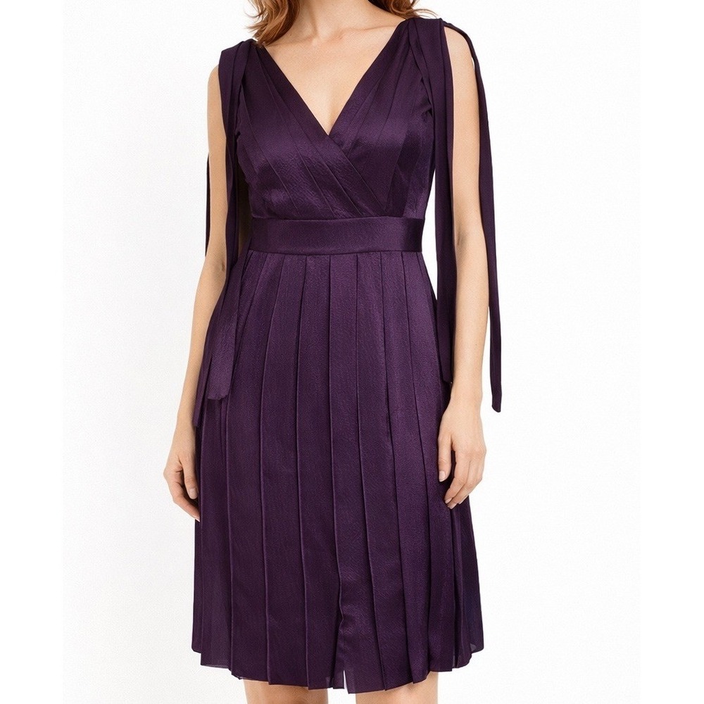 Ann Taylor Deep Plum Pleated V-Neck Tie-Shoulder Dress